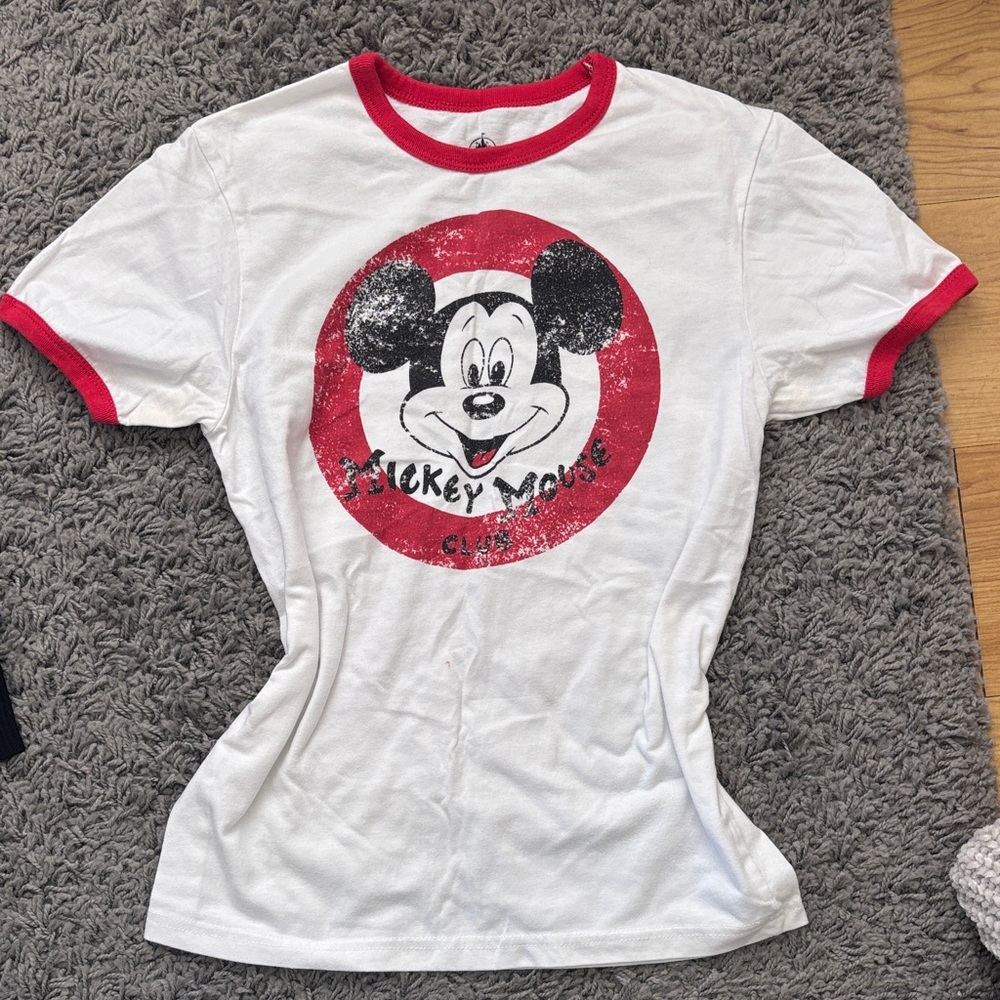 Disney White Tee with Red Ringer and Vintage Mickey Graphic